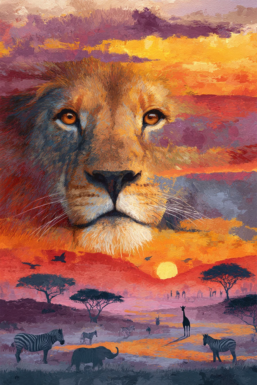 Majestätisches Löwenporträt über der afrikanischen Savanne bei Sonnenuntergang