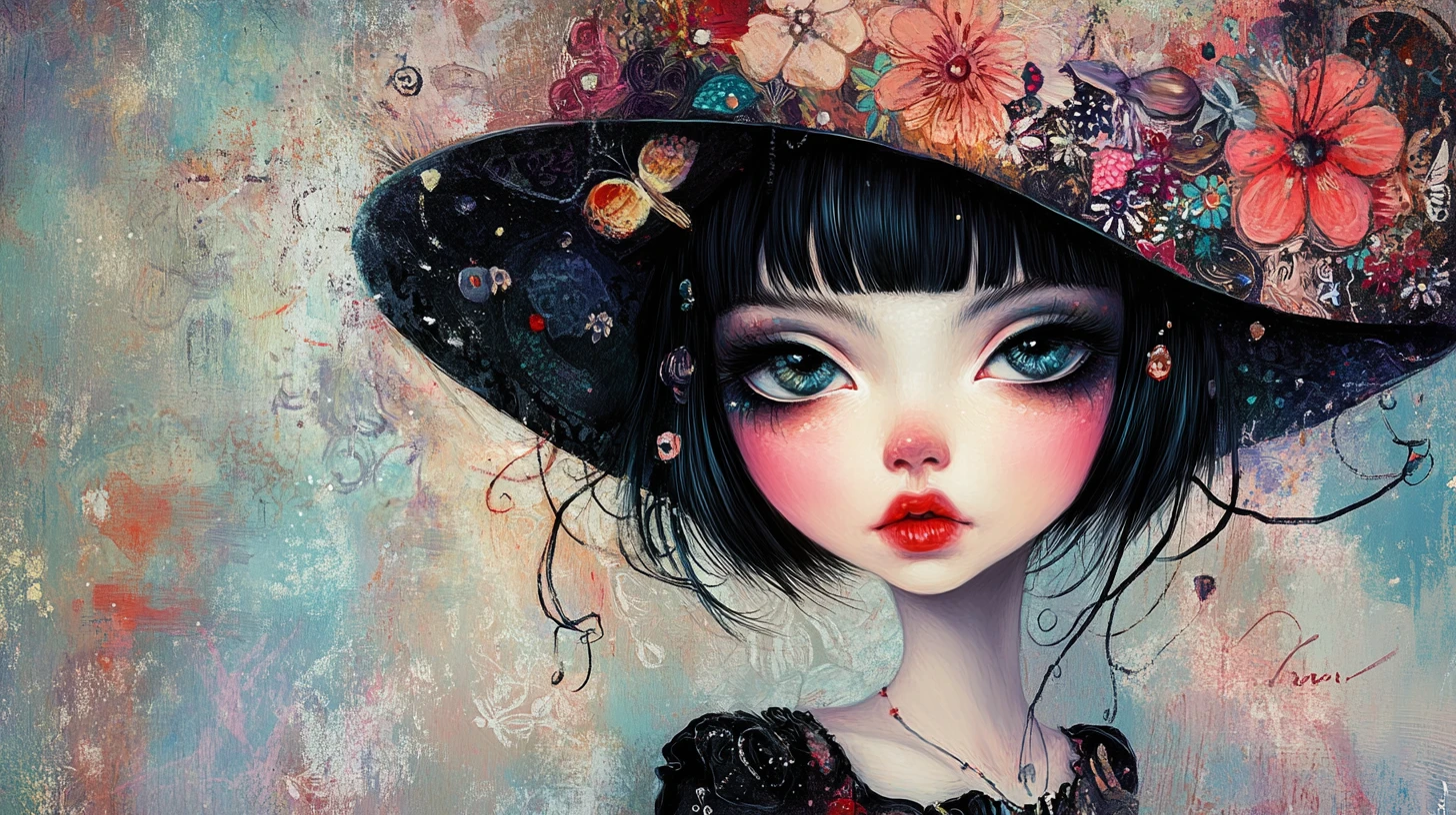 Gothic fairy doll girl in floral hat illustration