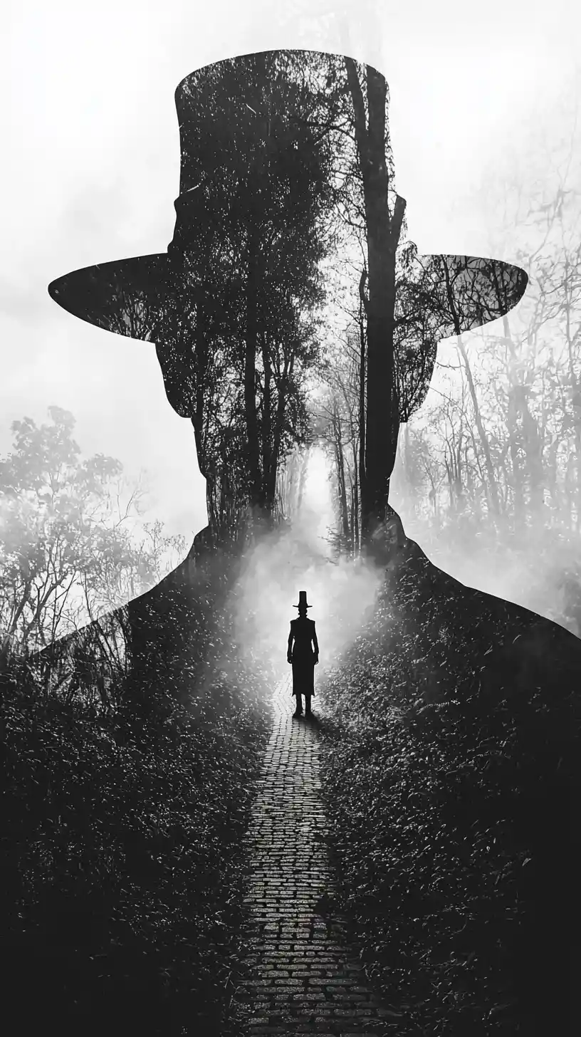 Double exposure portrait of tin man in enchanted forest