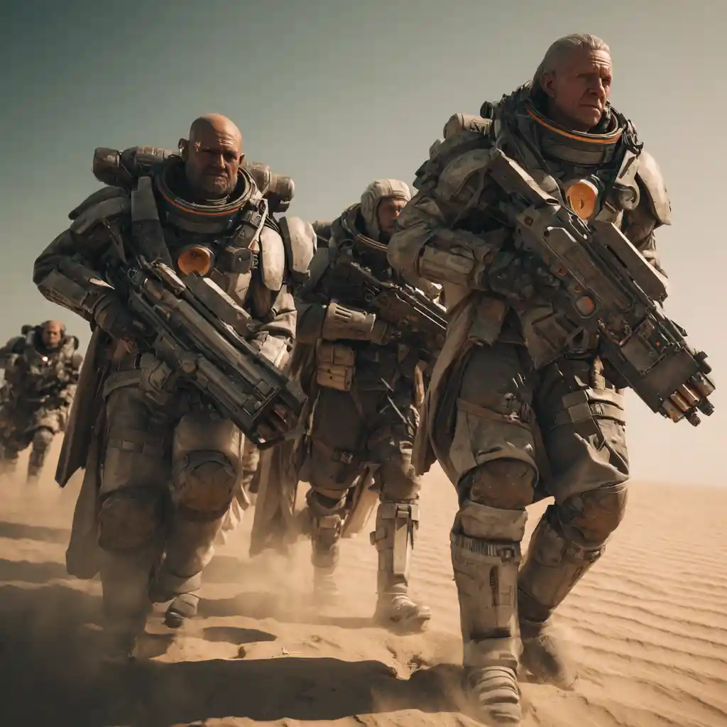 Armored sci fi soldiers aiming smartgun on desert battlefield