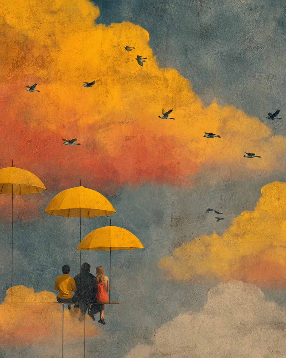 晴れた超現実的な空を柔らかな雲に乗って進む人々