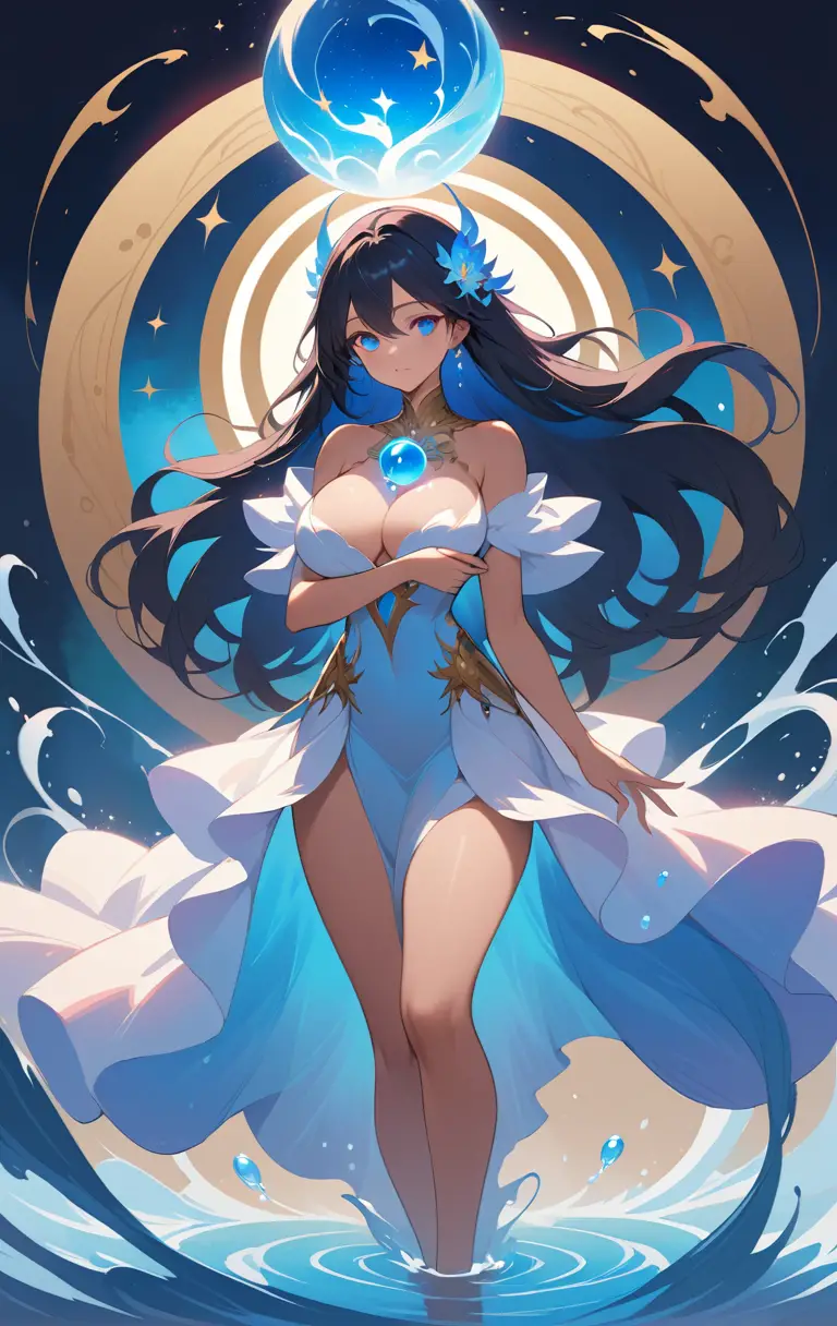 手持發光藍色光球與旋轉水流的神秘女子