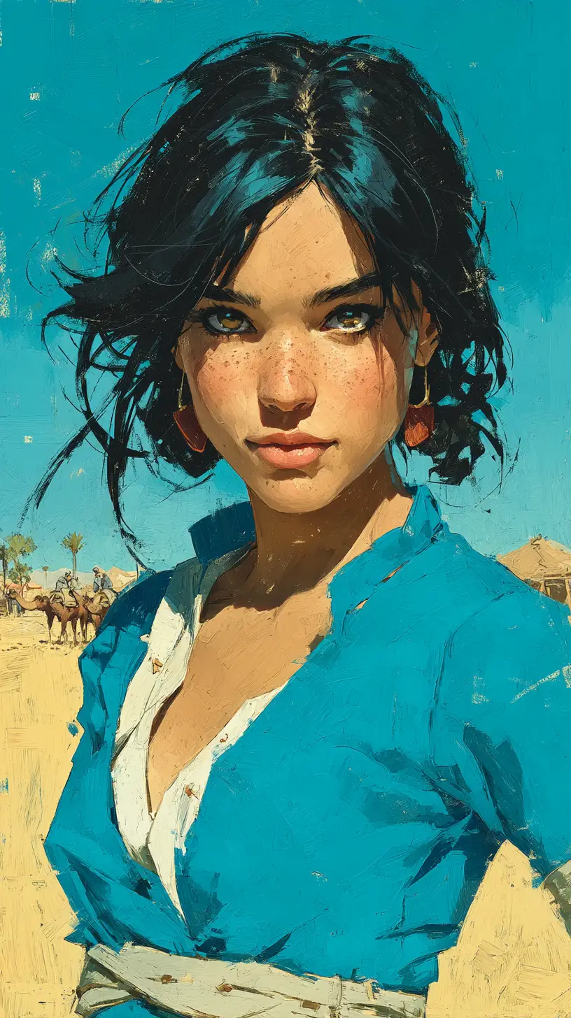 Confident Arab woman at a tranquil desert oasis with camels