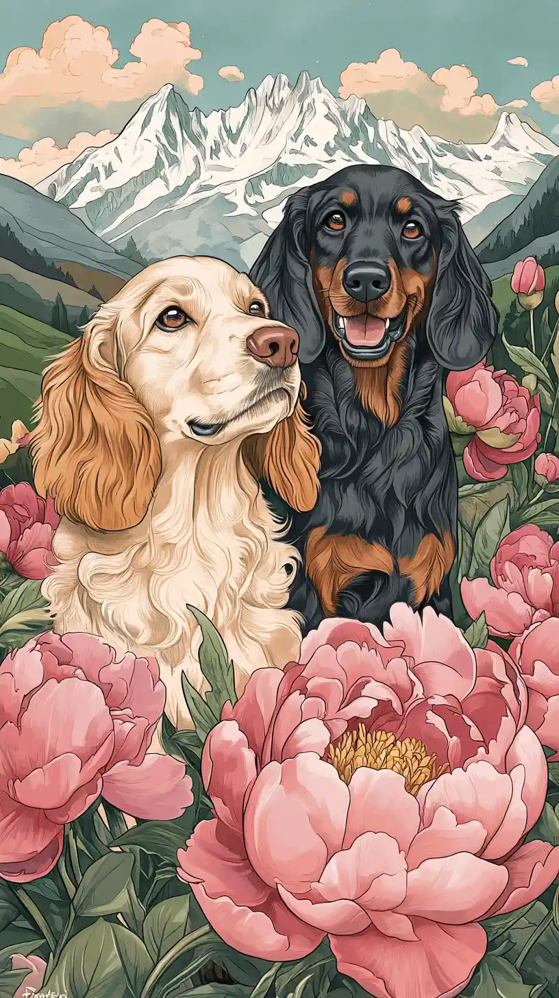 Romantic dogs in a peony field with distant mountains