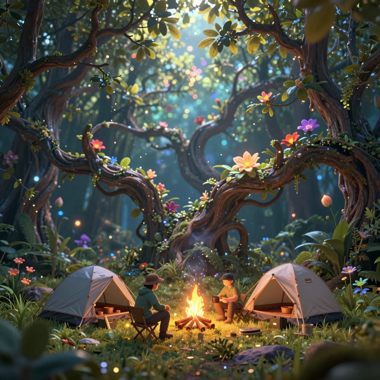 Campers Around A Glowing Fire In A Forest Clearing