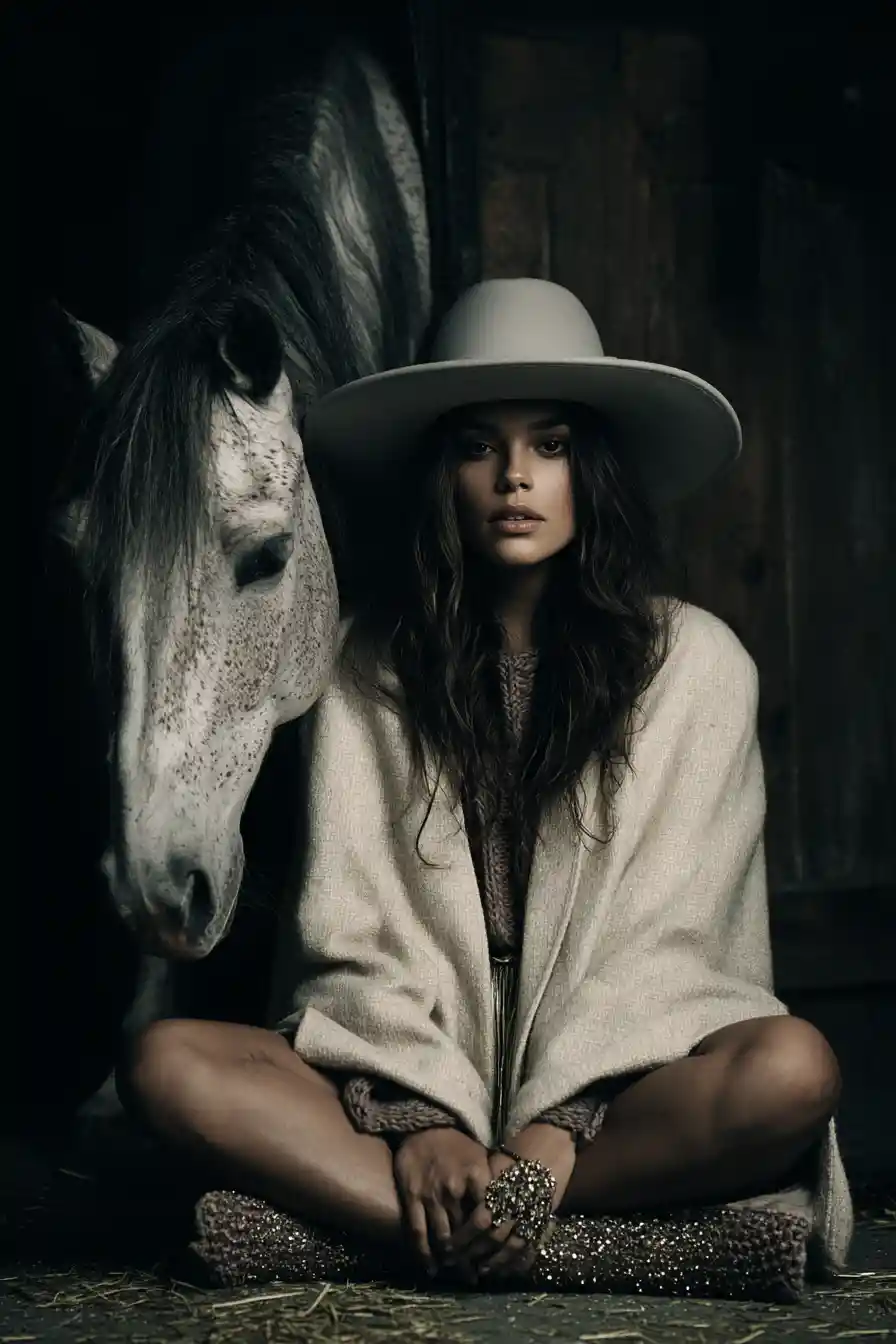 Retrato de jovem mulher com cavalo em estábulo com clima dramático