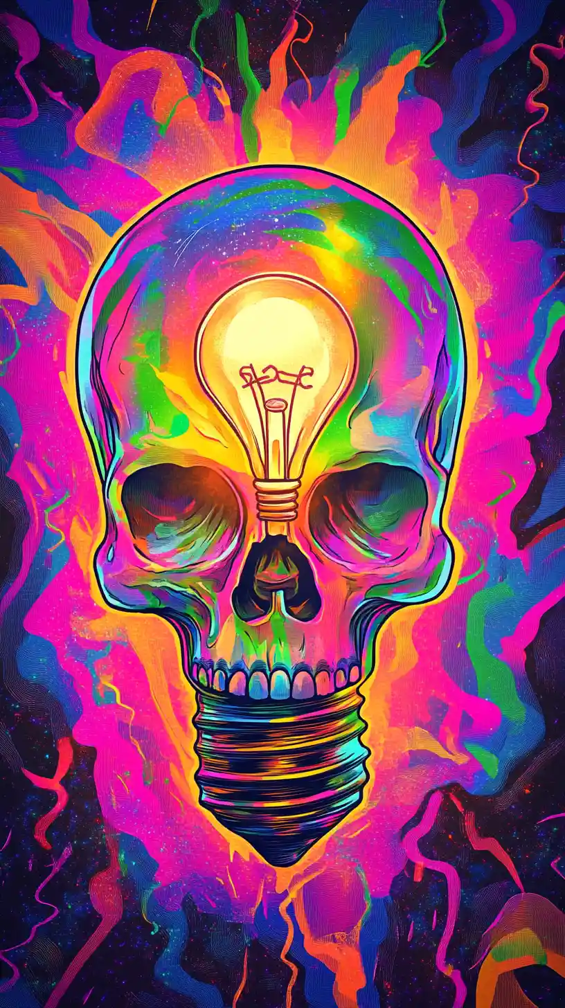 Glowing skull with lightbulb and radiant rainbow energy