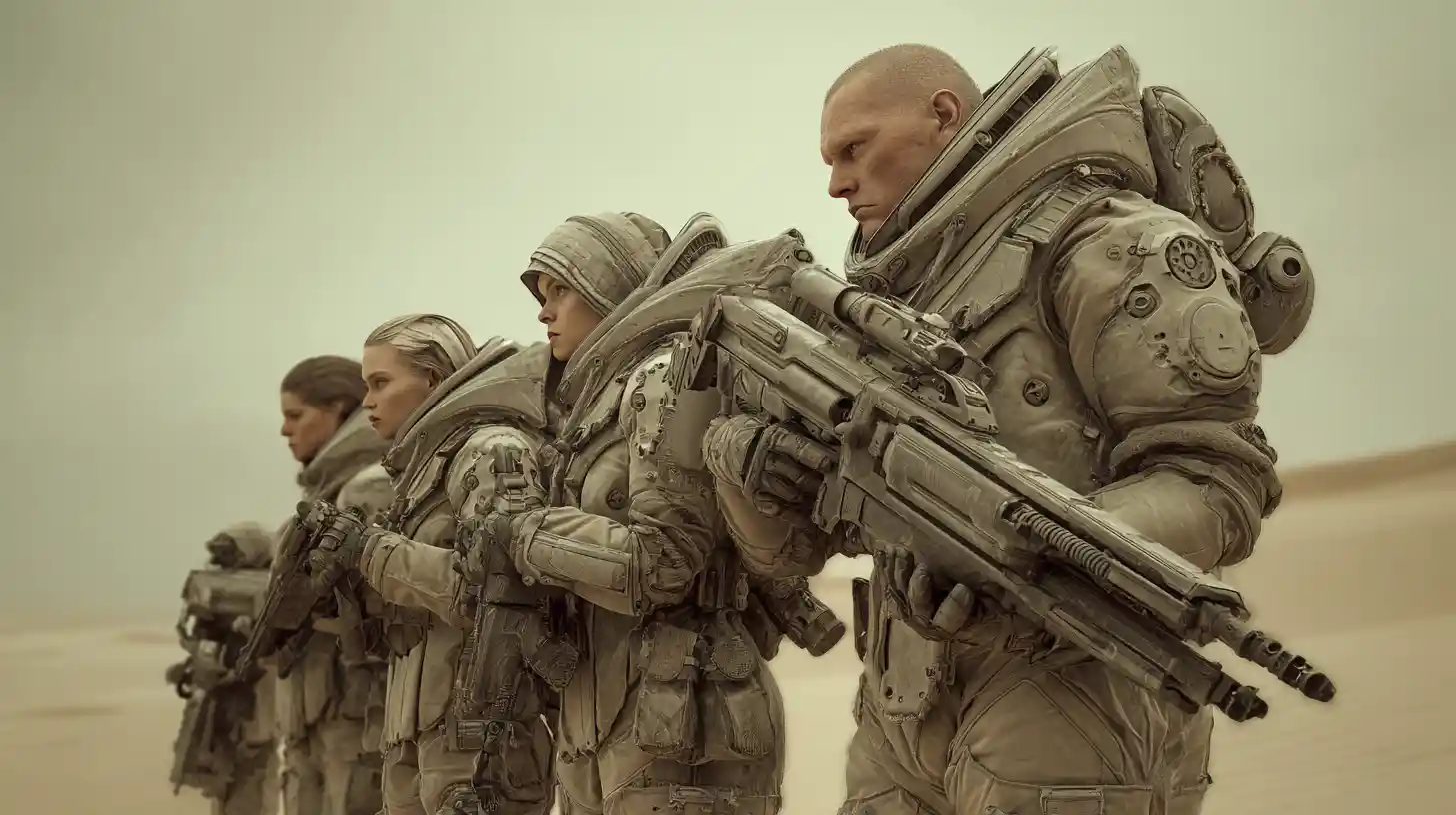 Sci fi marines aiming heavy smartgun on desert battlefield