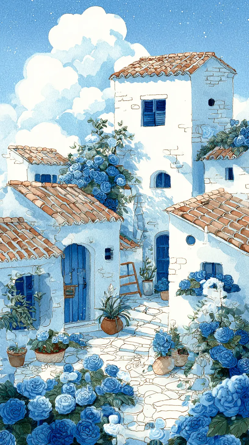 Rustic stone house with blue roof tiles and garden path