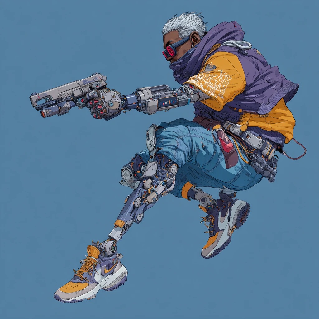 Cyborg cyberpunk apuntando una pistola en movimiento dinámico