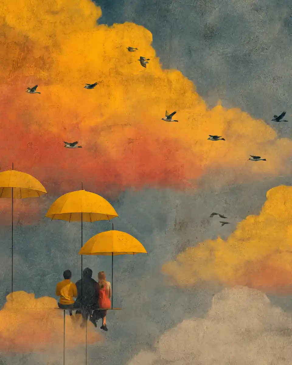 People Riding Soft Clouds In A Sunny Surreal Sky
