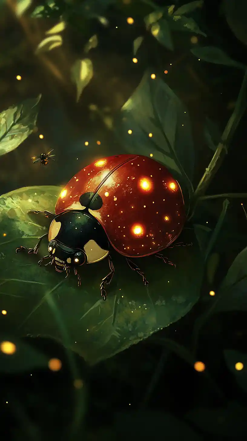 Glowing Ladybug Resting On Leaves In Enchanted Forest