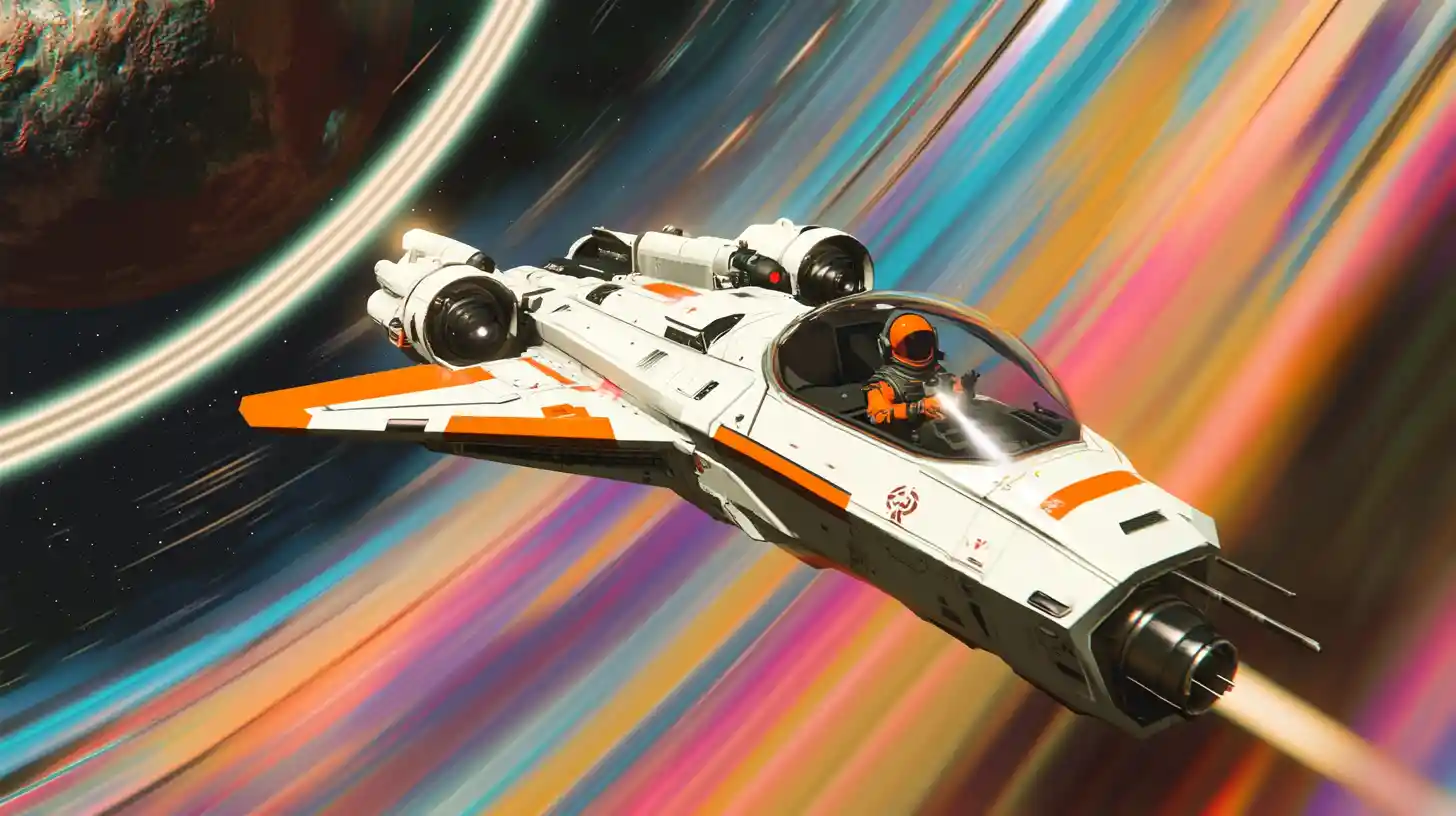White space fighter attacks alien dreadnought in deep space