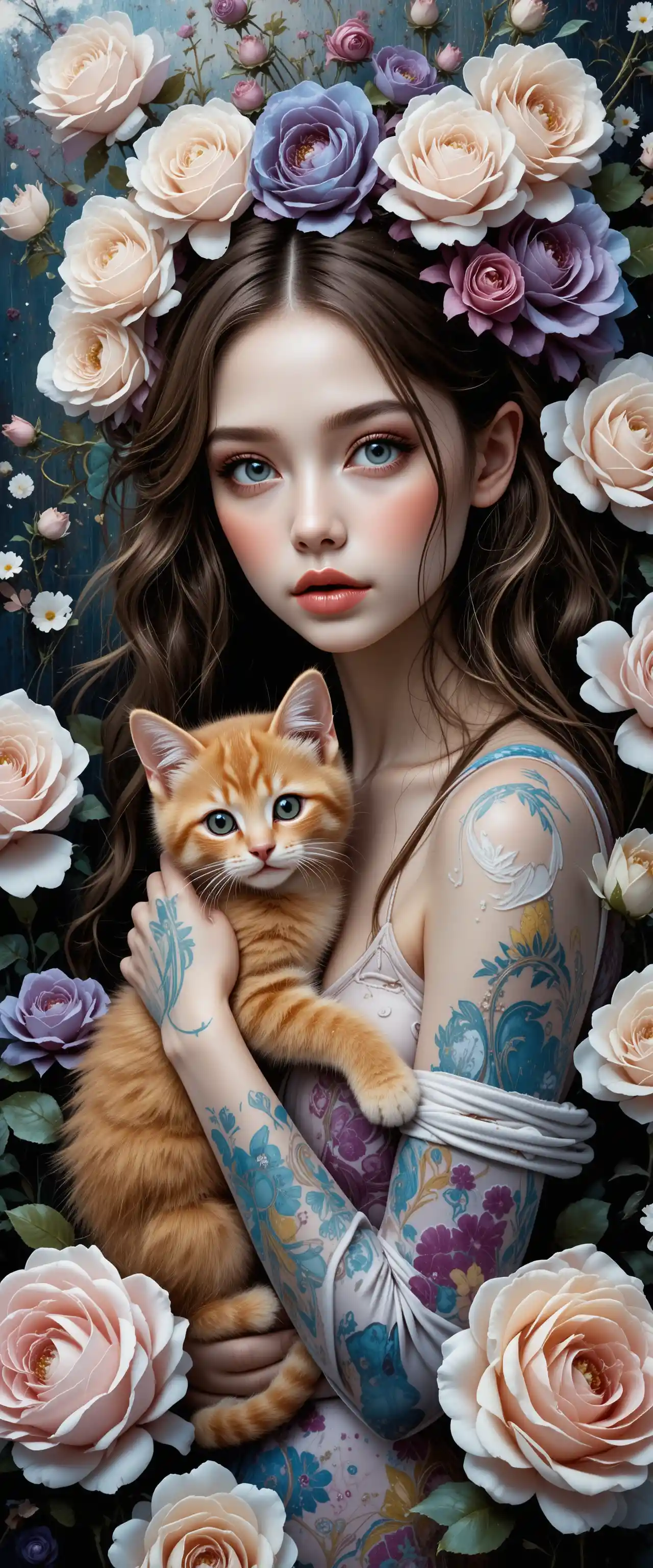 Whimsical girl holding a ginger kitten among white roses
