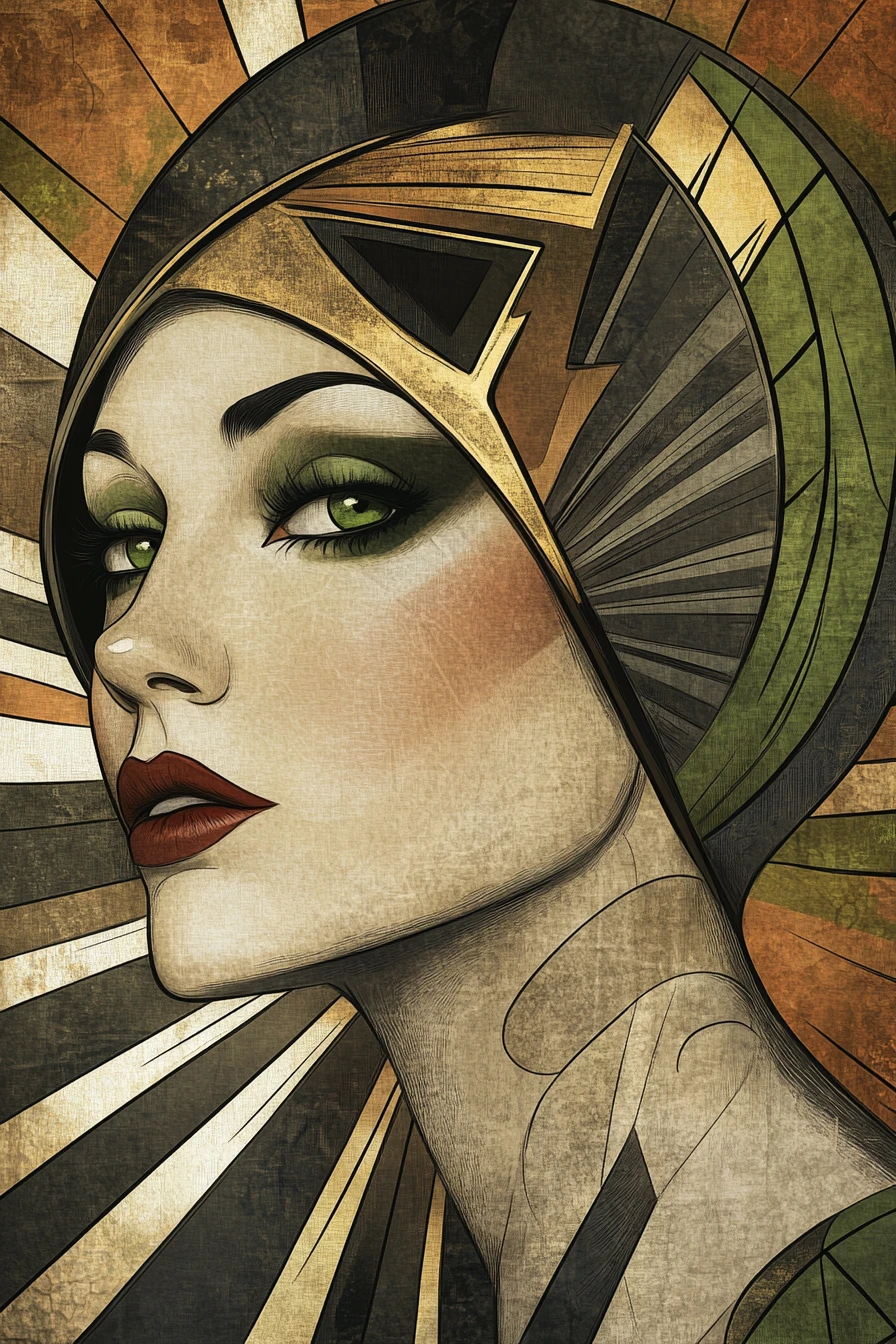 Art Deco woman portrait with geometric gold headdress
