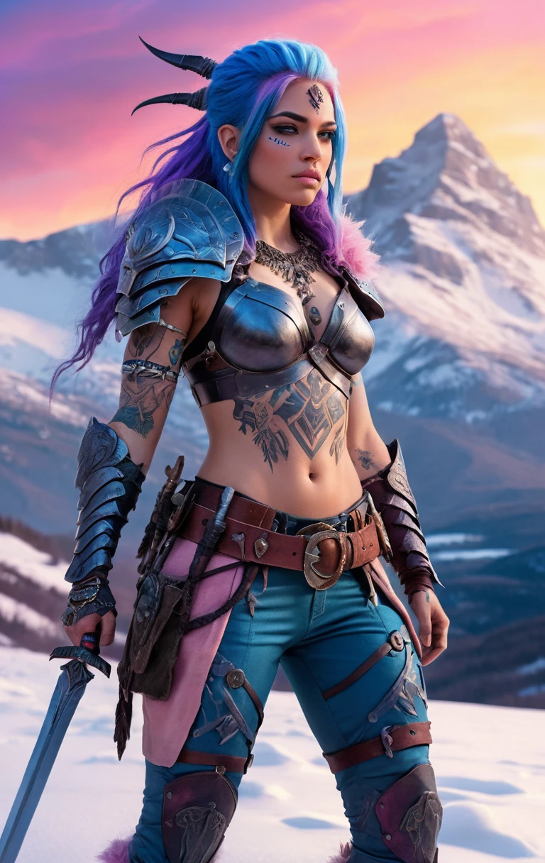 Blue haired warrior woman in snowy mountain sunset