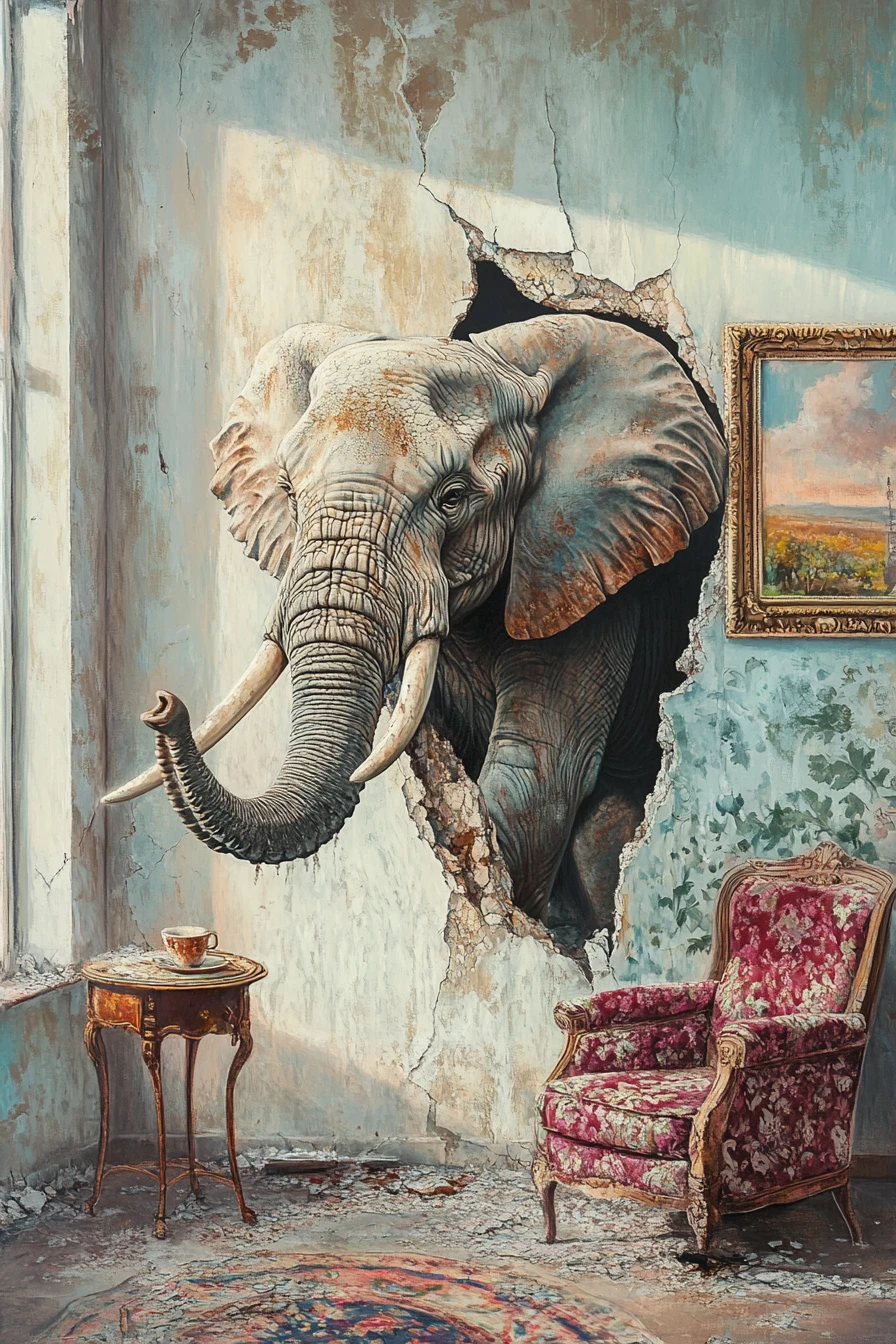 Surreal elephant bursting through a decayed pastel interior wall