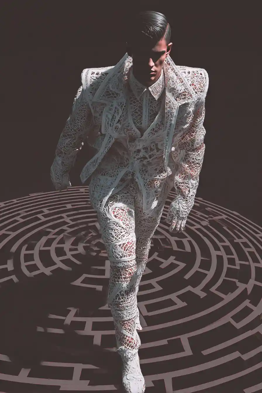 Surreal 3D maze Indian fashion model with runway