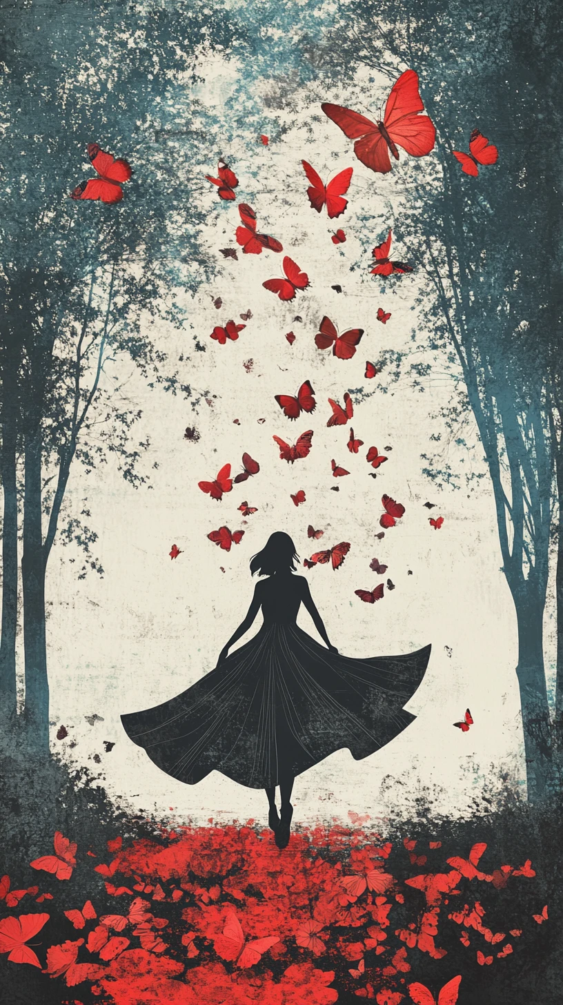Mujer surrealista en el bosque con vestido que se disuelve en mariposas