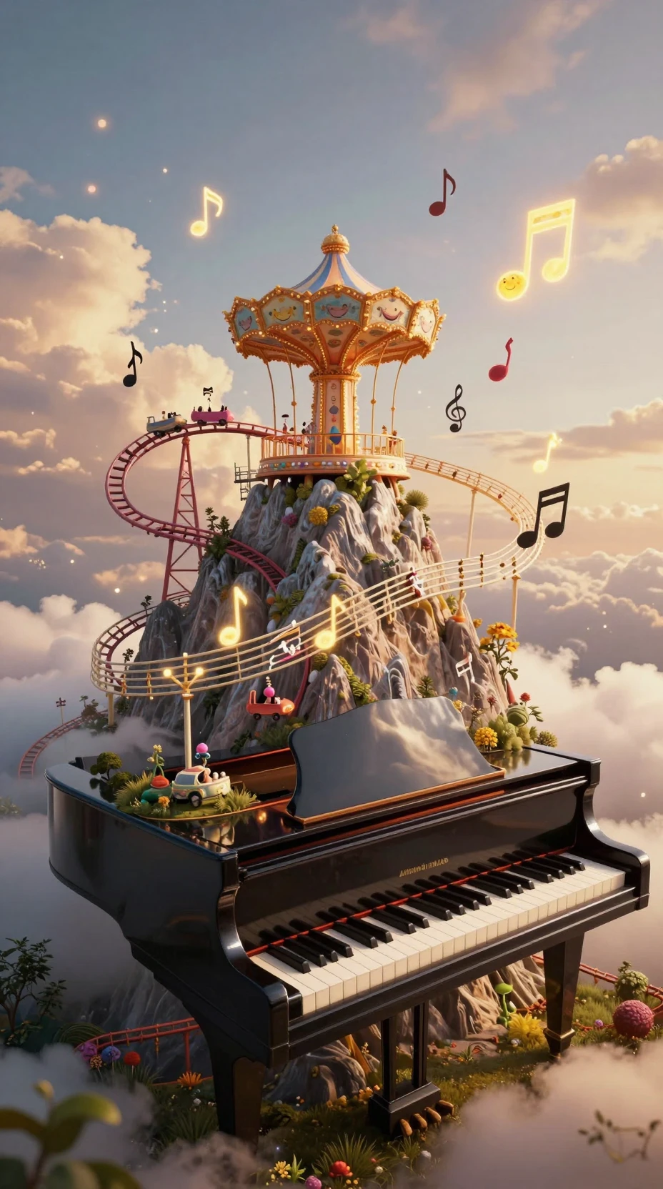 Montaña de Piano Surreal con Parque de Atracciones Fantástico
