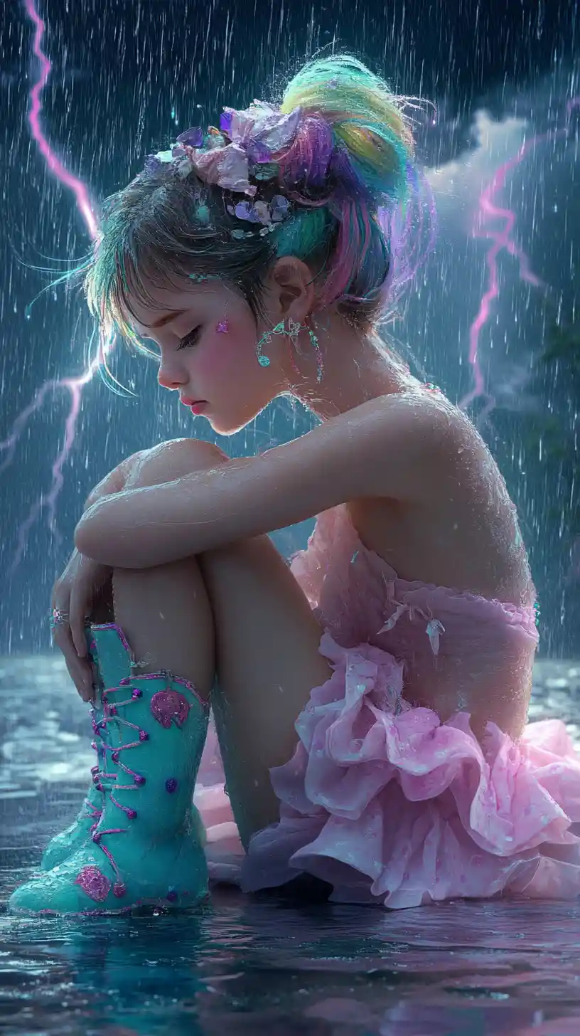 Pensive girl curled up in the rain under storm clouds