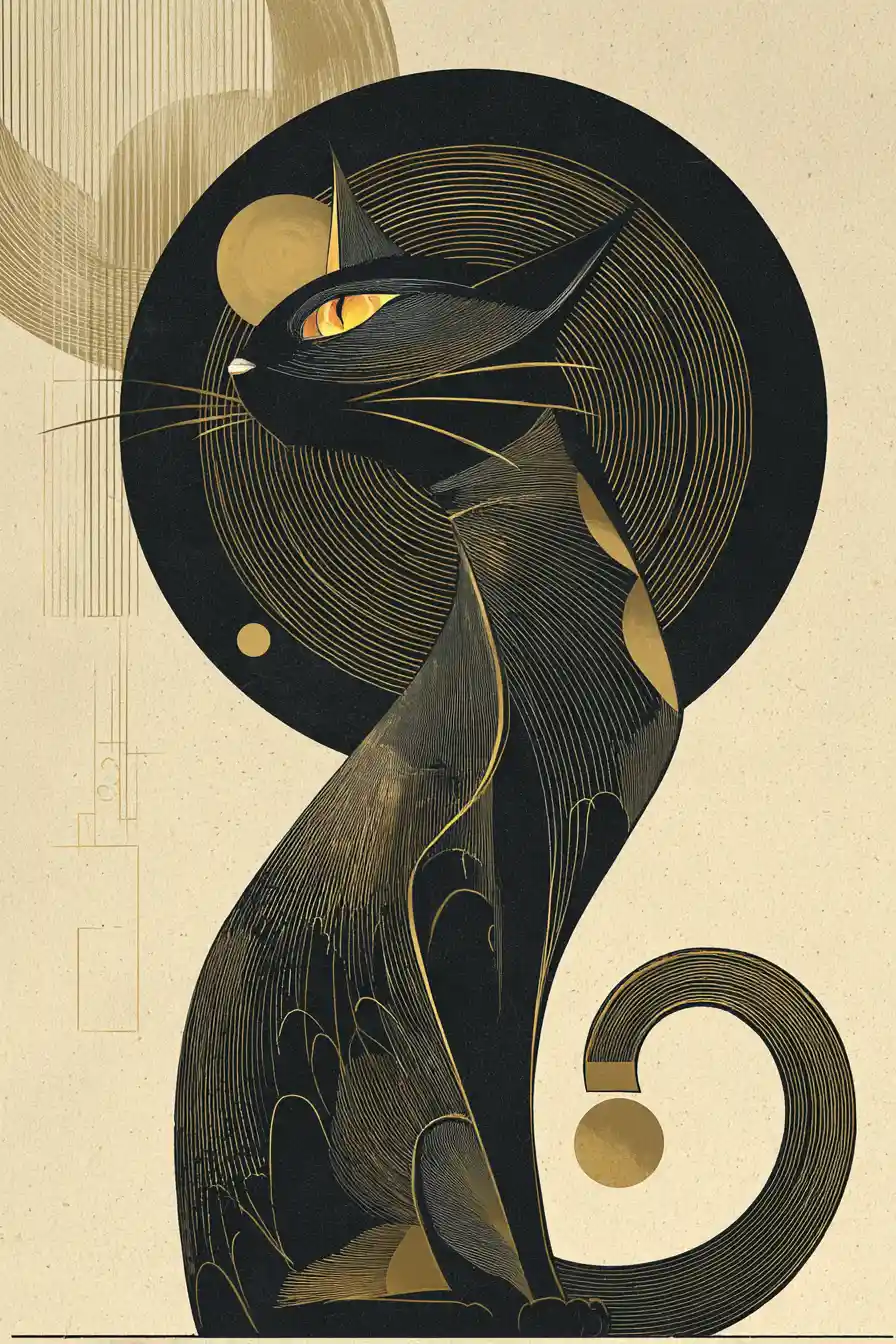 Elegant black and gold cat in stylized art deco profile