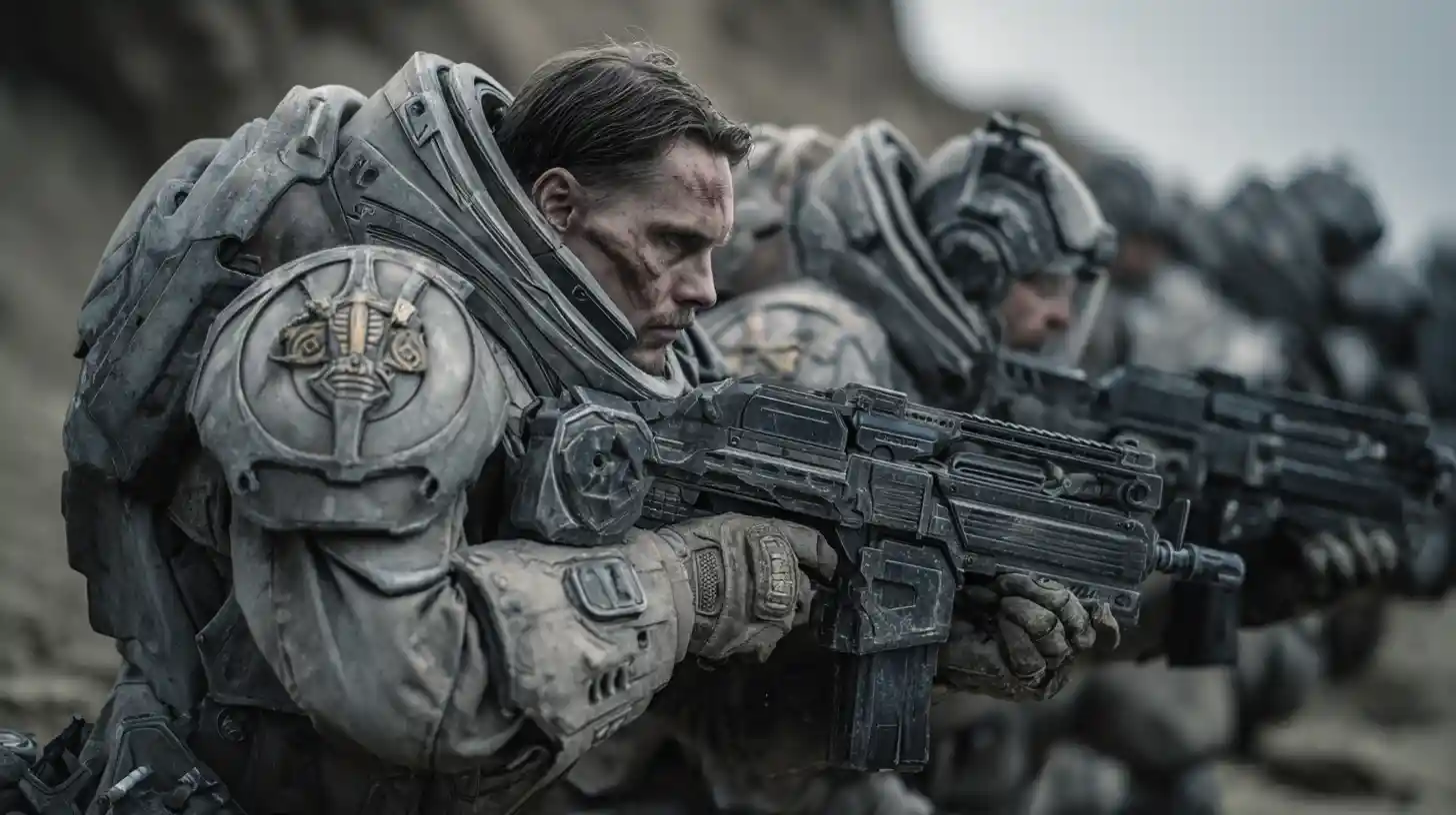 Armored sci fi soldiers aiming weapons on desert battlefield