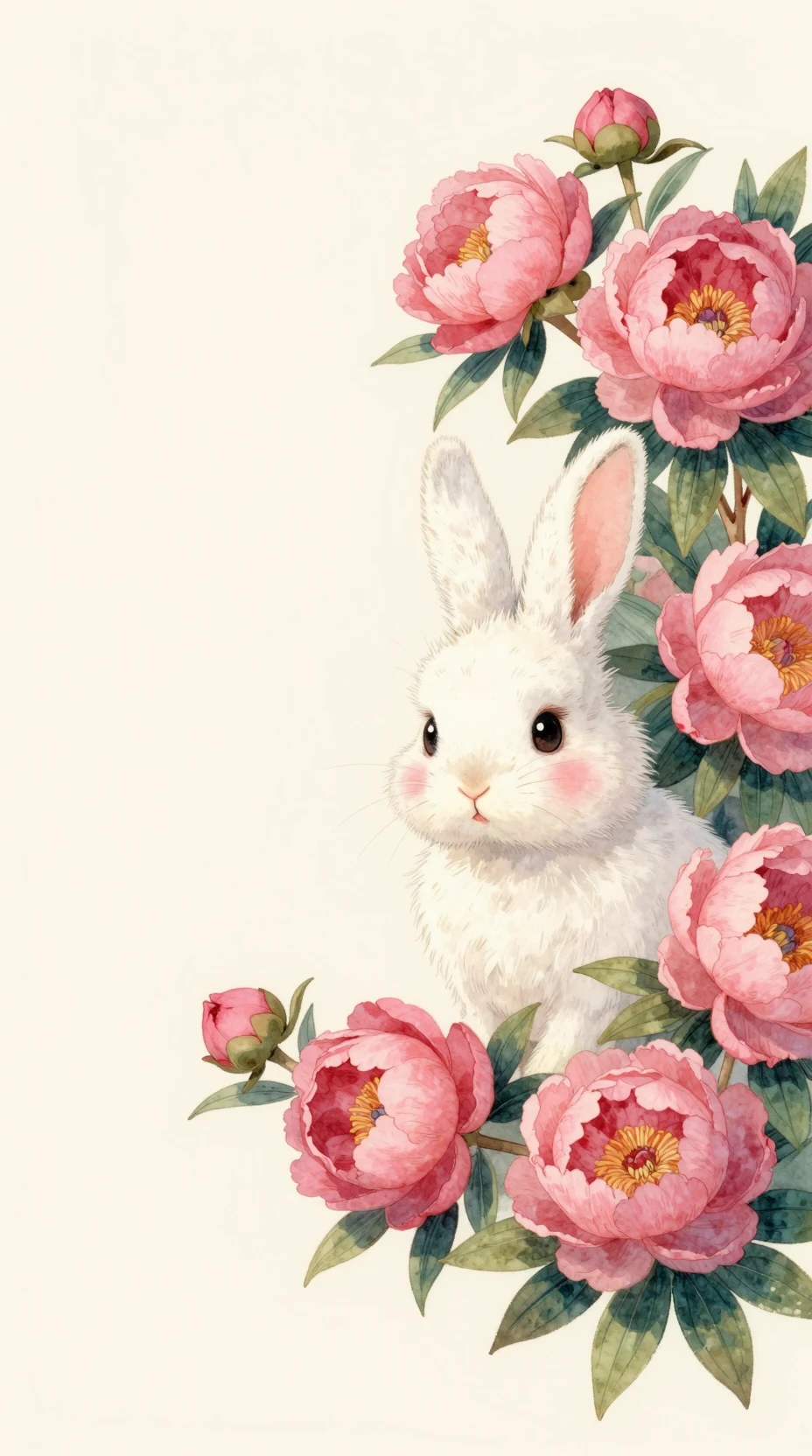 Curious white rabbit peeking from pink peony bushes
