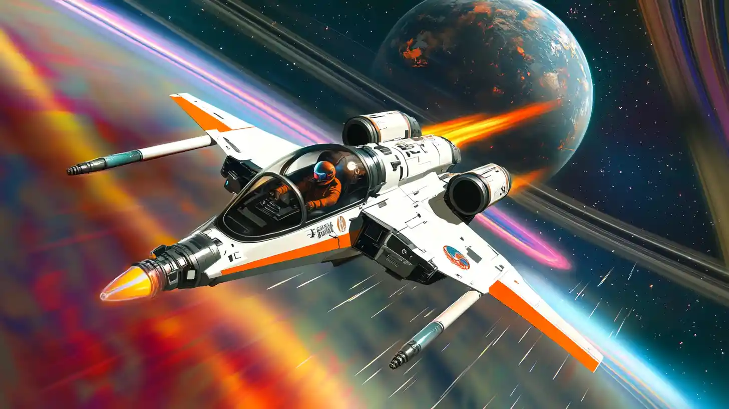 White space fighter attacking alien dreadnought in orbit