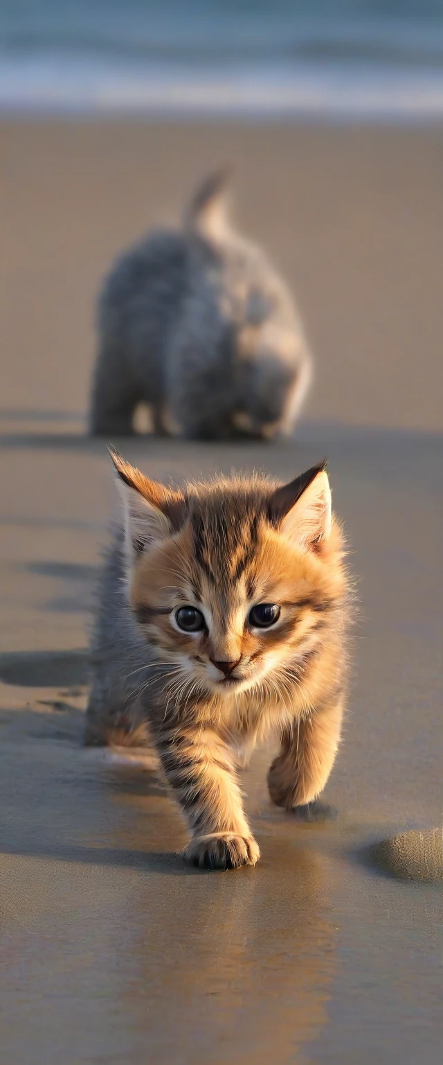 Gatito curioso caminando por una tranquila costa al amanecer