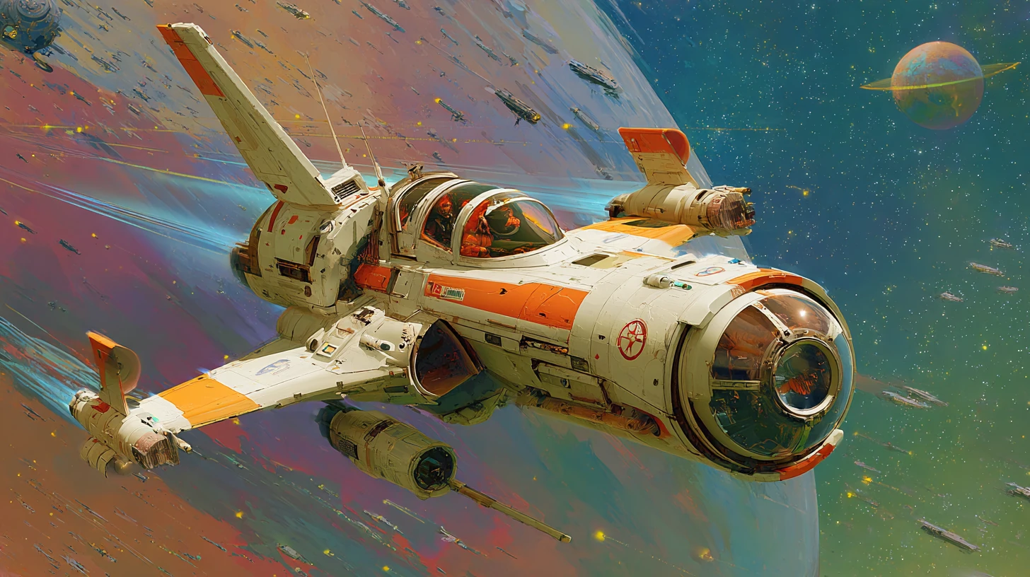 White space fighter attacks alien dreadnought in deep space