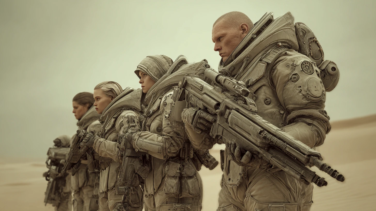 Sci fi marines aiming heavy smartgun on desert battlefield
