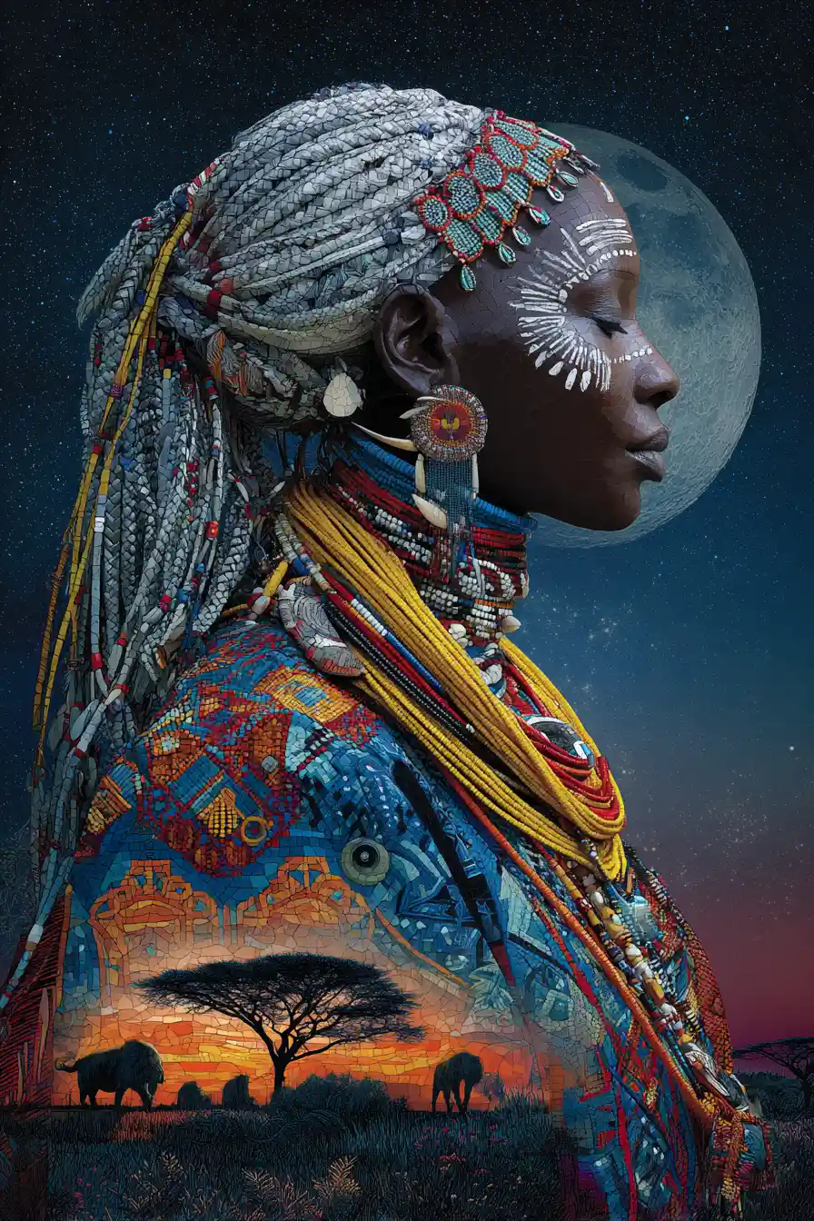 African woman in profile over savanna and starry sky
