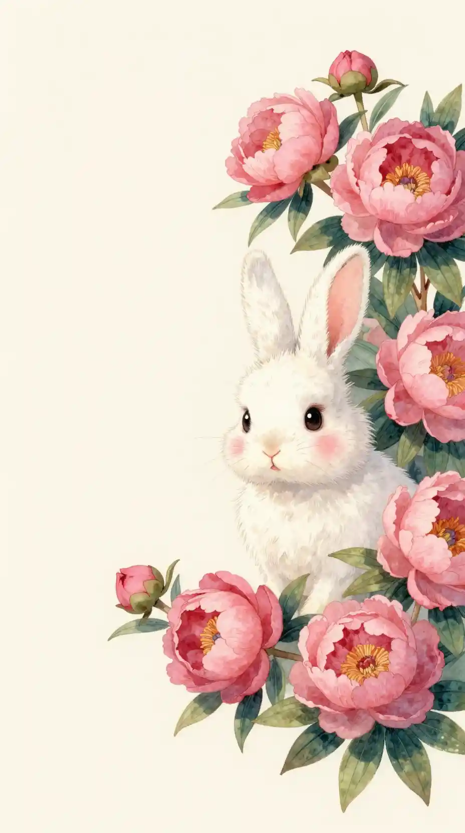 Curious white rabbit peeking from pink peony bushes
