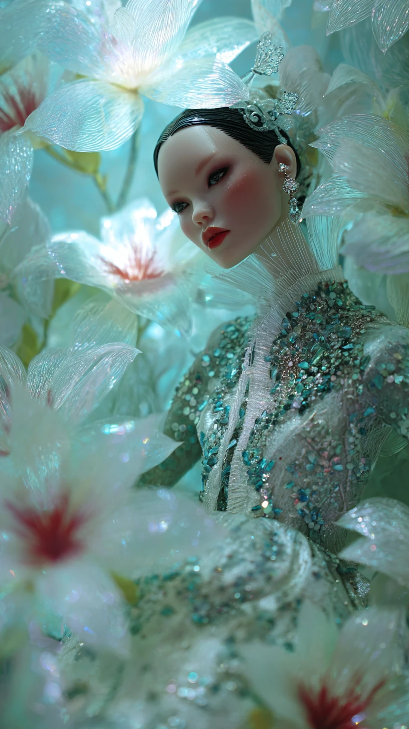 從發光虹彩白色花朵中綻放的高訂女性