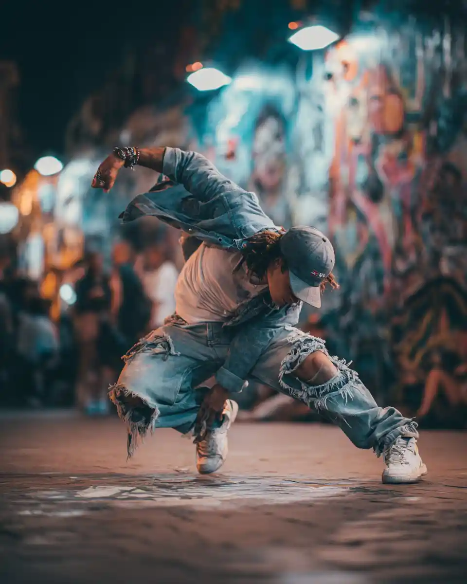 Breakdancer in dynamischer Freeze-Pose auf nächtlichem Stadtplatz