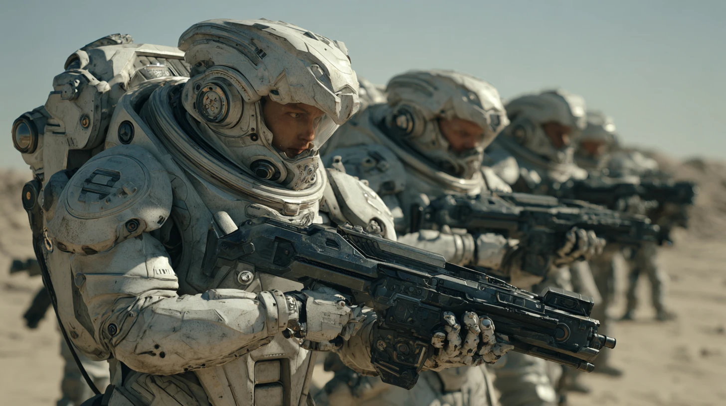 Grupo de marines futuristas en una batalla de ciencia ficción dramática