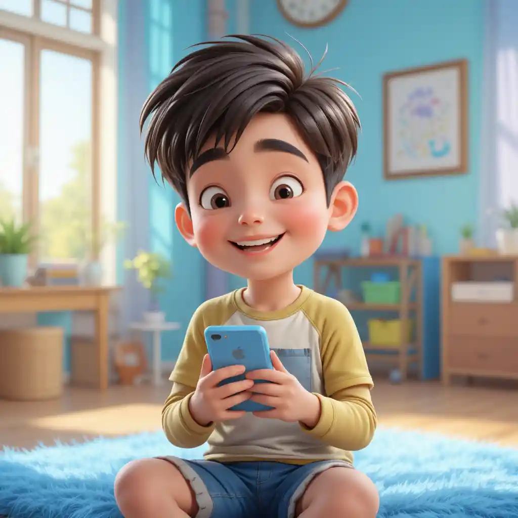 Smiling young boy using a mobile phone in a bright room