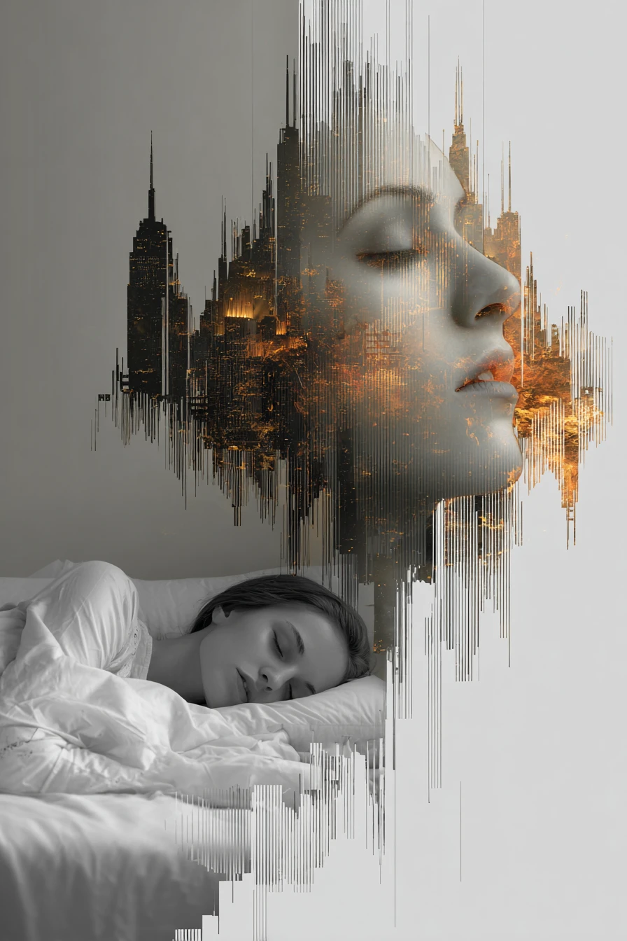 Sleeping woman beneath a surreal grayscale face and cityscape