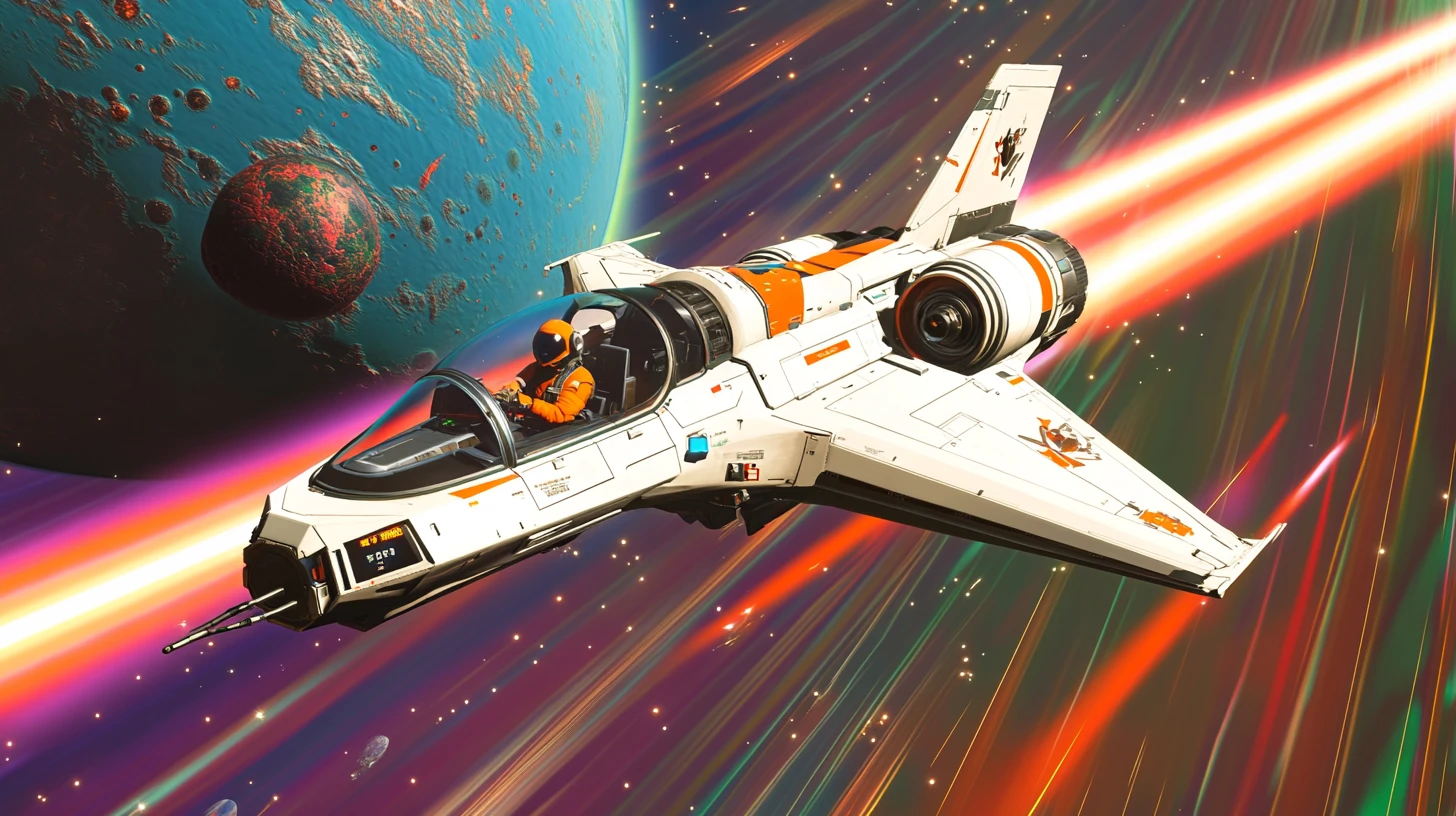 Small white space fighter attacking an alien dreadnought