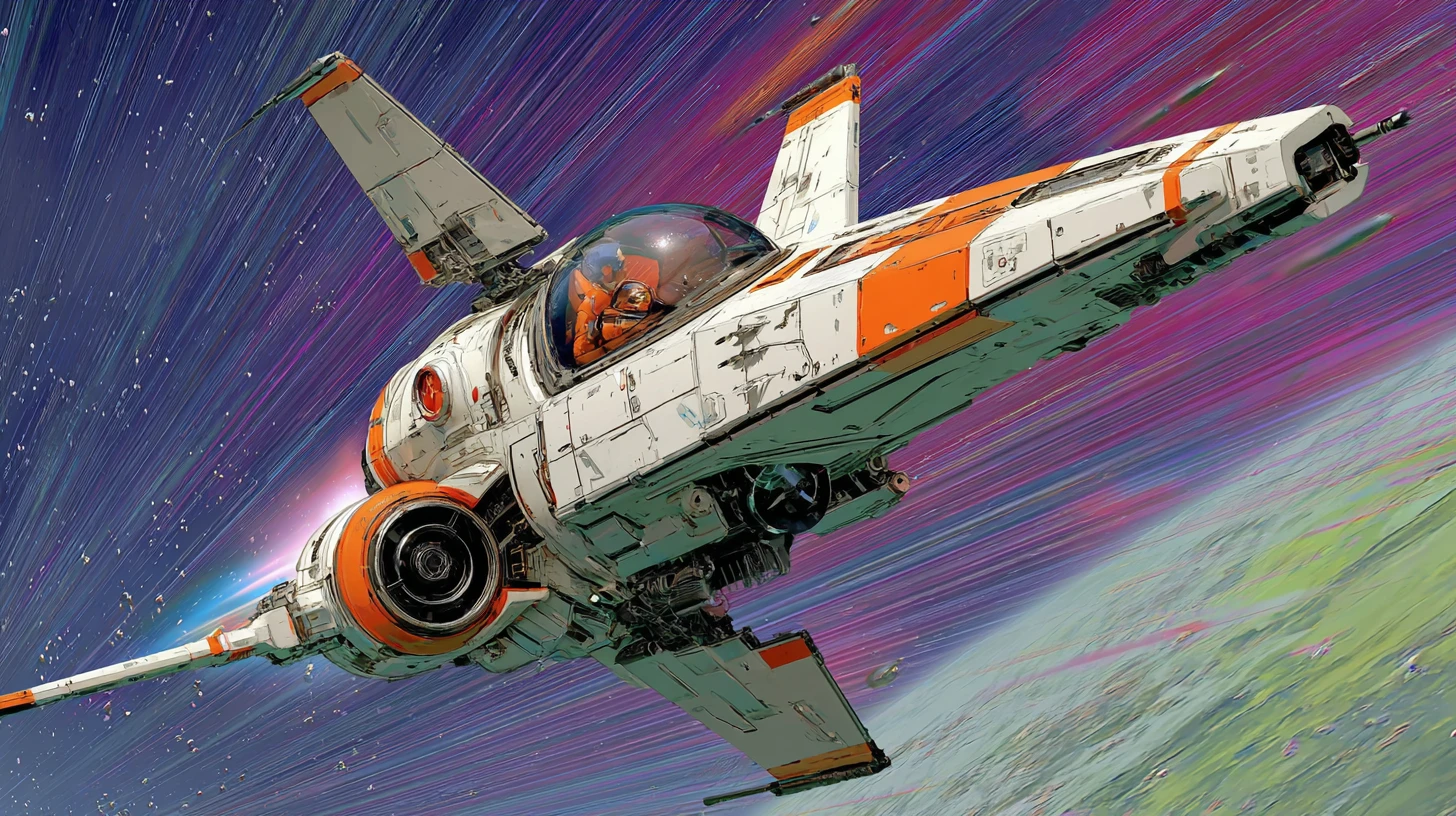 White space fighter attacking alien dreadnought in deep space