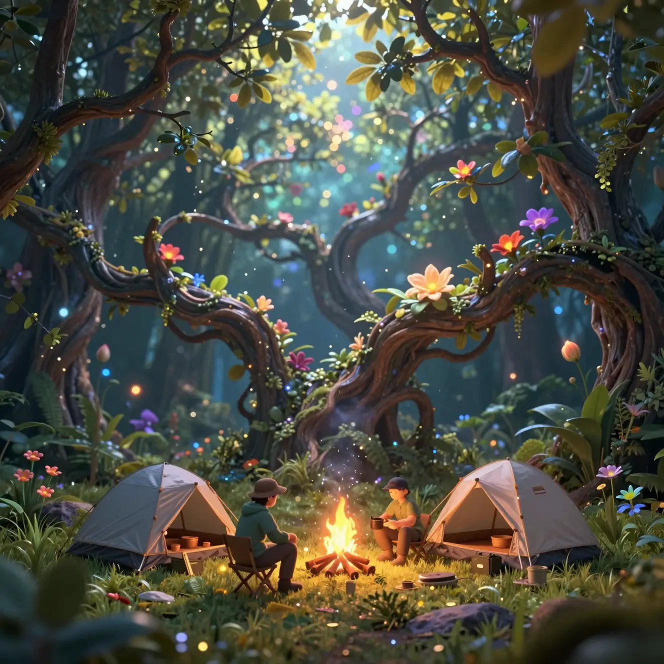 Campers Around A Glowing Fire In A Forest Clearing