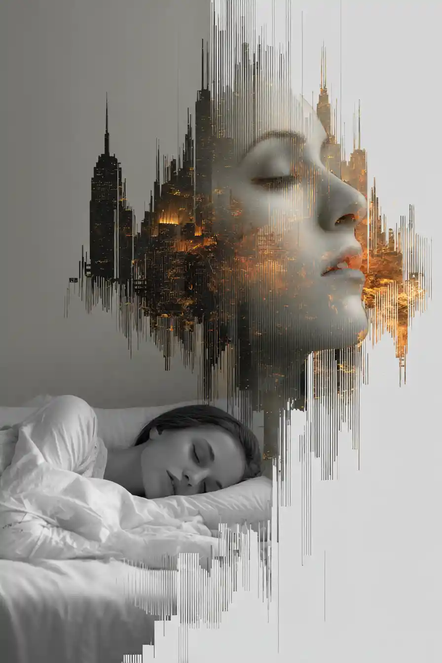 Sleeping woman beneath a surreal grayscale face and cityscape
