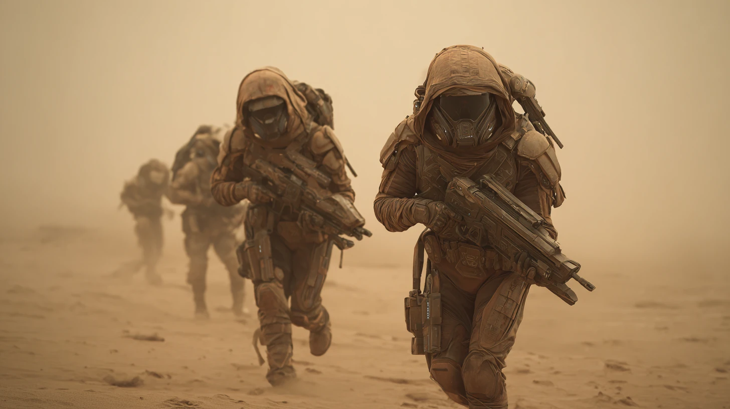 Armored marine soldier aiming smartgun on sci fi battlefield