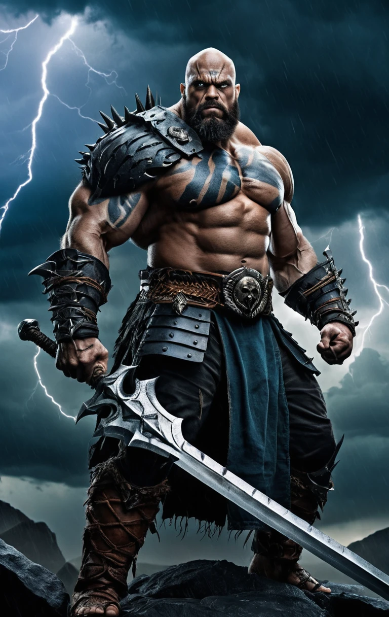 Armored warrior with massive sword in stormy lightning sky