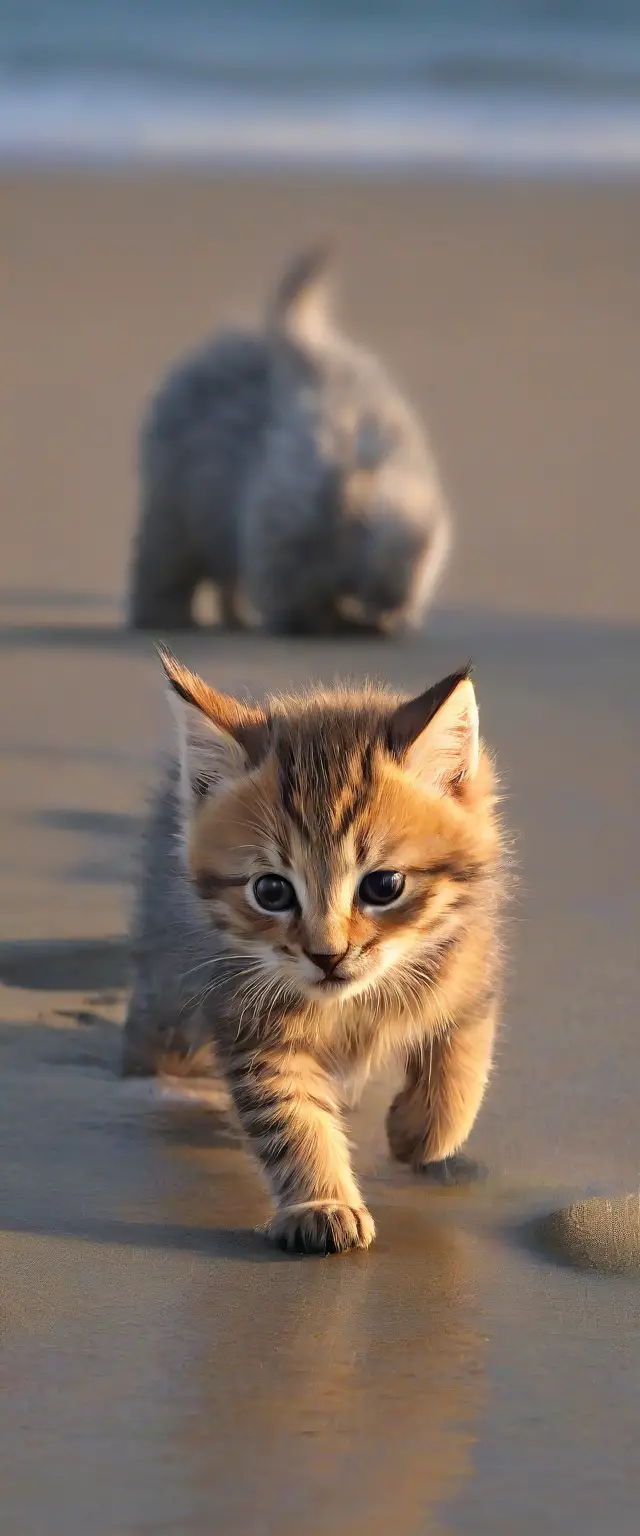 Curious kitten walking along a calm dawn shoreline