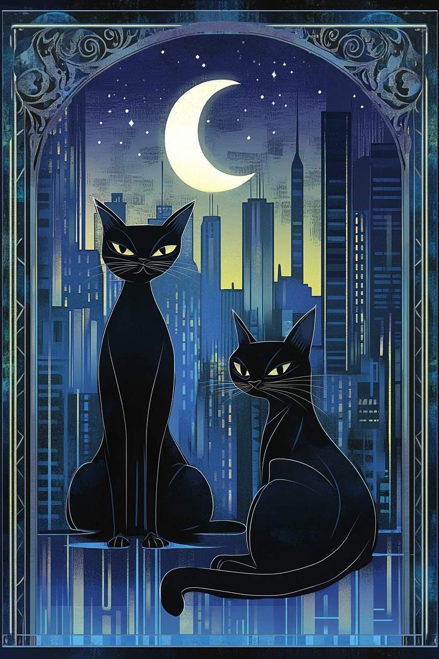 Obsidian black cats by moonlit city in art deco frame