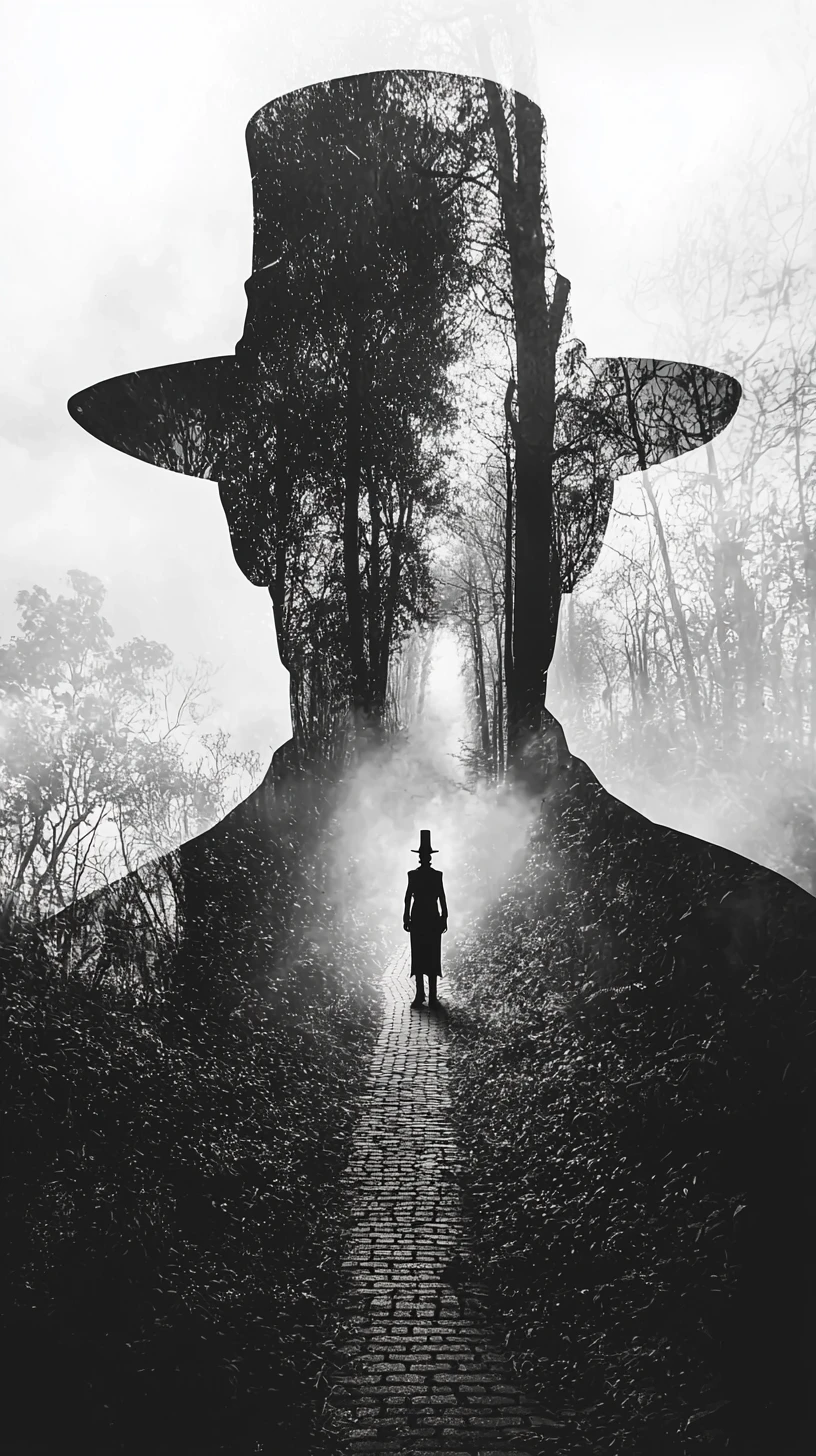 Double exposure portrait of tin man in enchanted forest