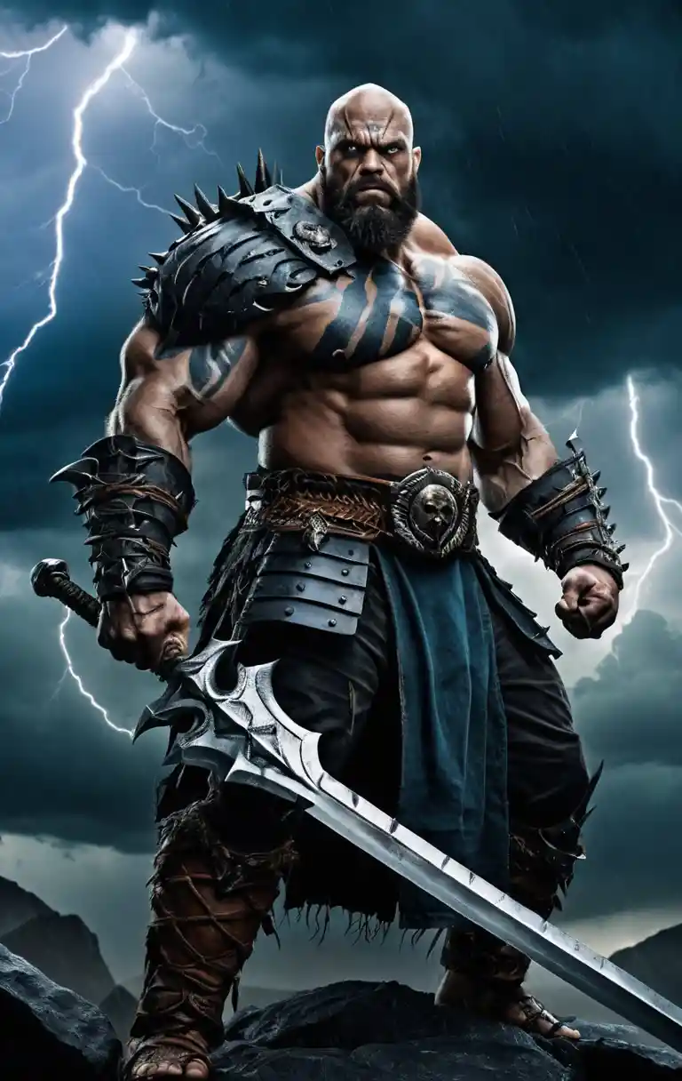 Armored warrior with massive sword in stormy lightning sky