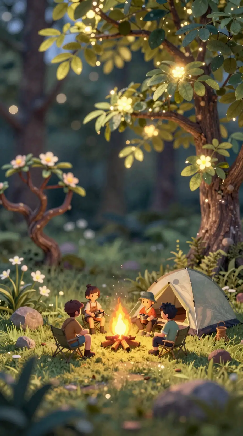 Campers gathered around a glowing fire in a forest